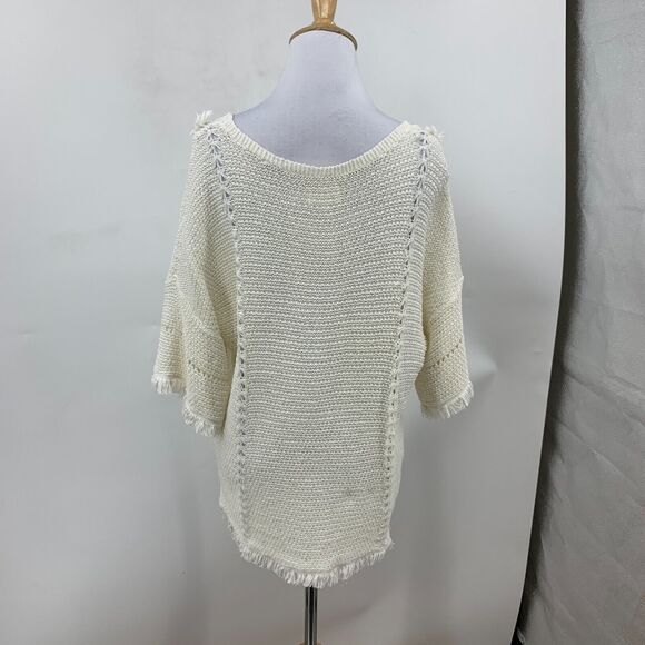Lou & Grey Textured Weave Fringe Shirt Womens M Medium Cream Boho Mid Sleeve Top - Picture 5 of 11